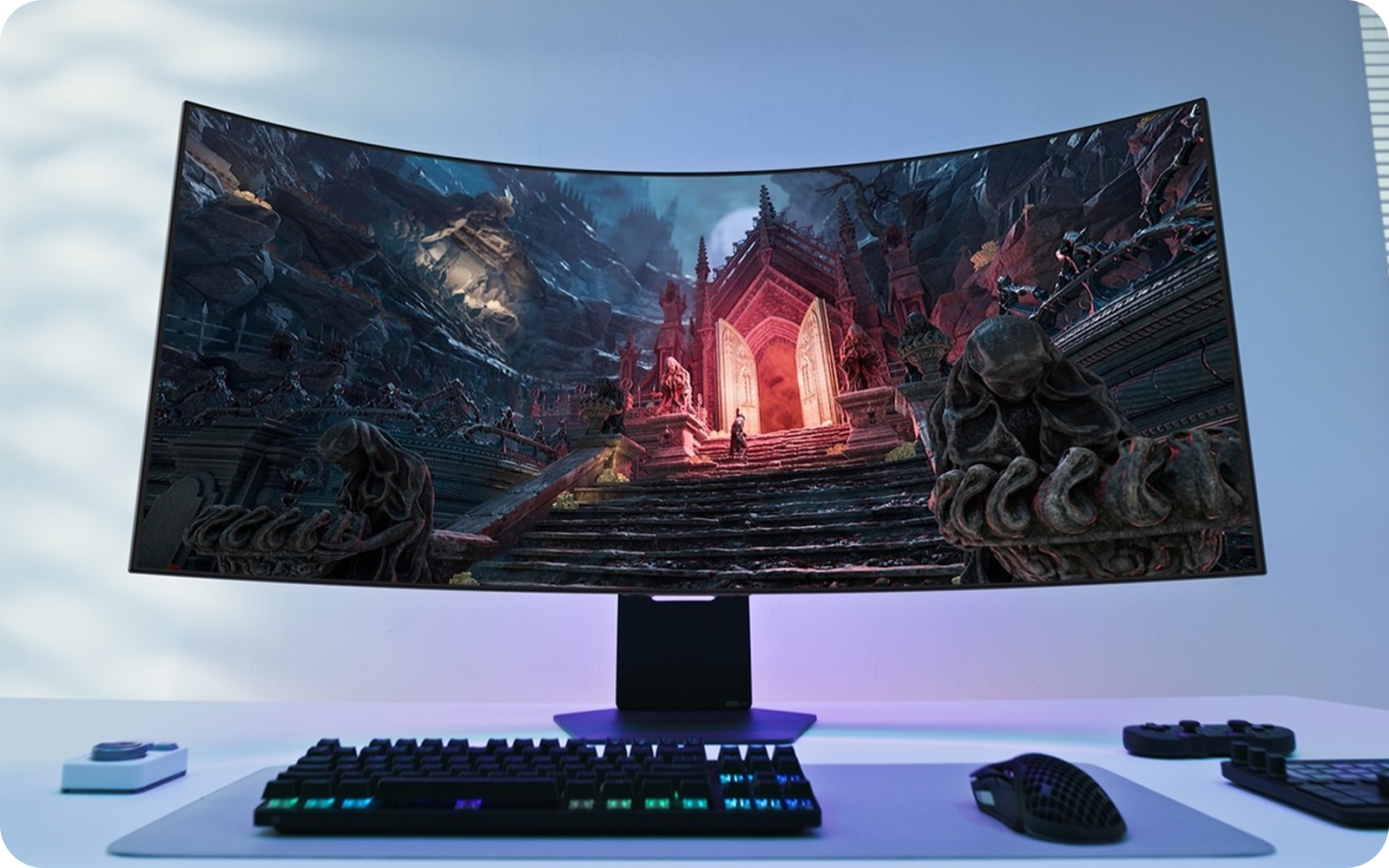 Man with headphones playing a video game on his 4k curved monitor, fully absorbed in the digital world.