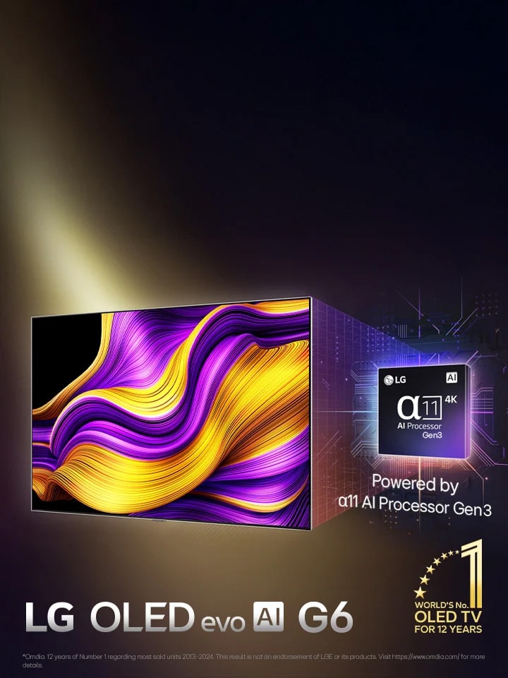 An image of LG OLED evo G3 on the wall of a modern and quirky New York City apartment with a romantic night scene playing on the screen. 11 Year World's No.1 OLED TV emblem.