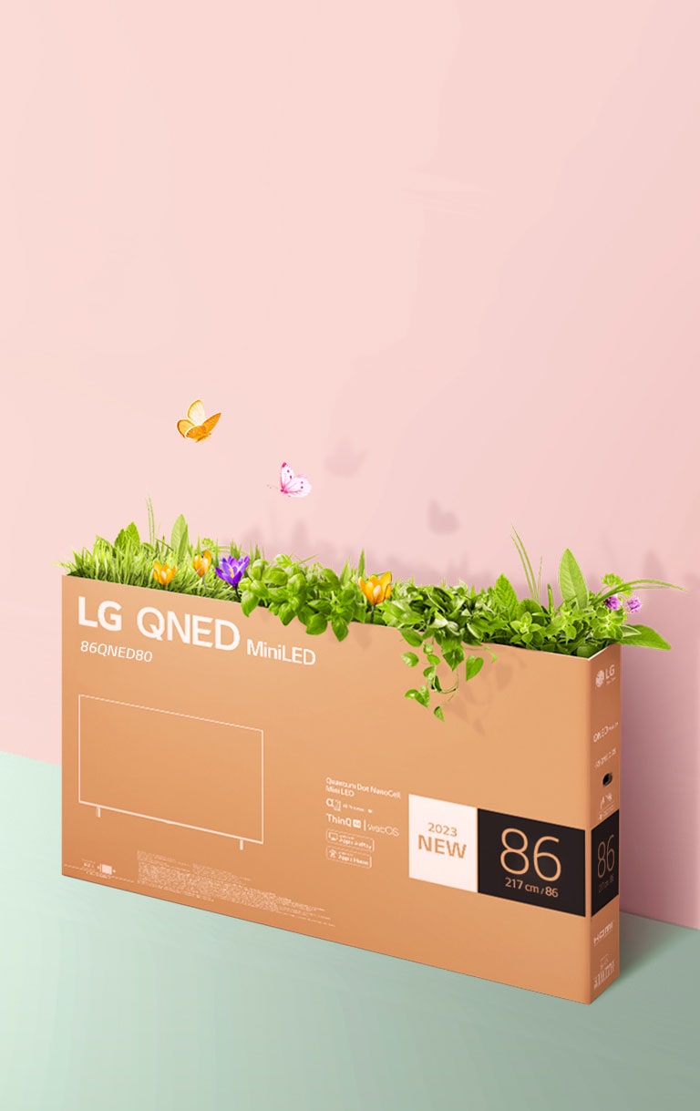 LG 86qned80sra A QNED packaging box is placed on pink, green background and there is grass growing and butterflies coming out from its inside.