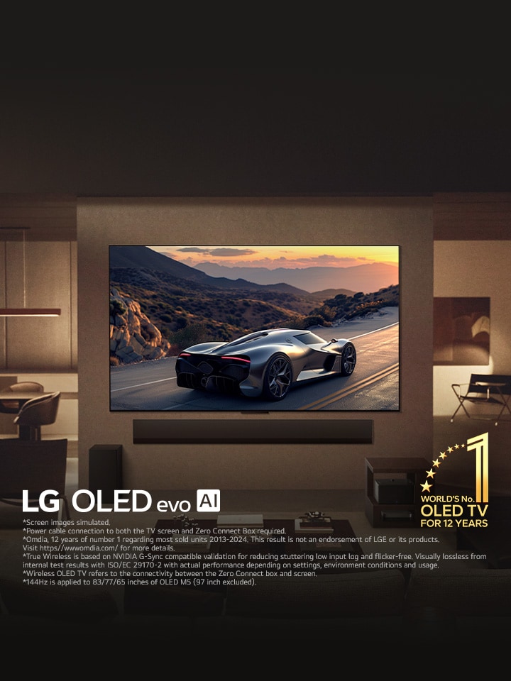 Elegante sala de estar con LG OLED evo M5 TV montada en la pared. Una LG Soundbar debajo de esta. Caja de conexión cero oculta debajo de una mesa de apoyo. No hay cables visibles, lo que demuestra la tecnología True Wireless de la TV. Se puede ver el emblema “OLED TV, número uno del mundo durante 12 años” y el logotipo de LG OLED evo AI.