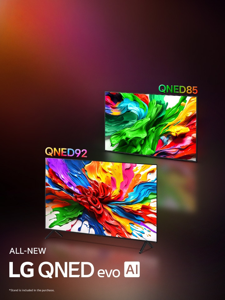 LG TV con ilustraciones coloridas que destacan la nueva tecnología de reproducción de colores vivos e intensos de LG QNED. También se muestra el logotipo ALL NEW LG QNED evo AI.