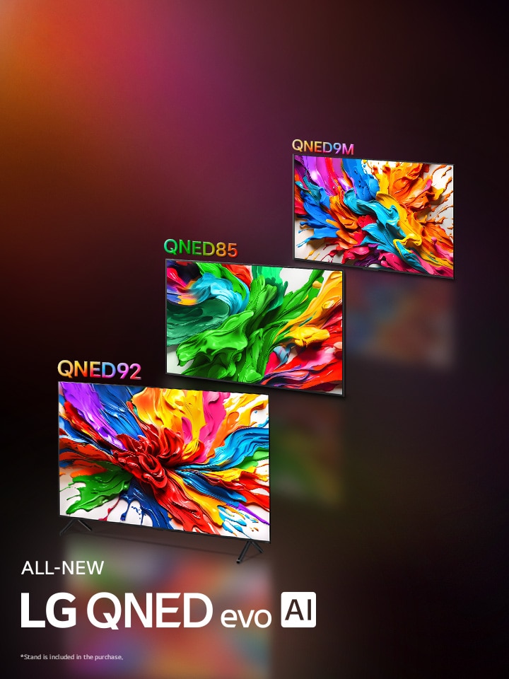 LG TV con ilustraciones coloridas que destacan la nueva tecnología de reproducción de colores vivos e intensos de LG QNED. También se muestra el logotipo ALL NEW LG QNED evo AI.