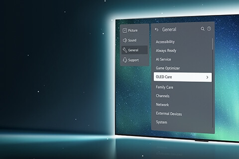 A la derecha de la imagen se encuentra una OLED TV y el fondo resplandece. Luces blancas brillan desde la parte trasera de la televisión. El menú Soporte aparece en la pantalla y se selecciona el menú OLED Care.