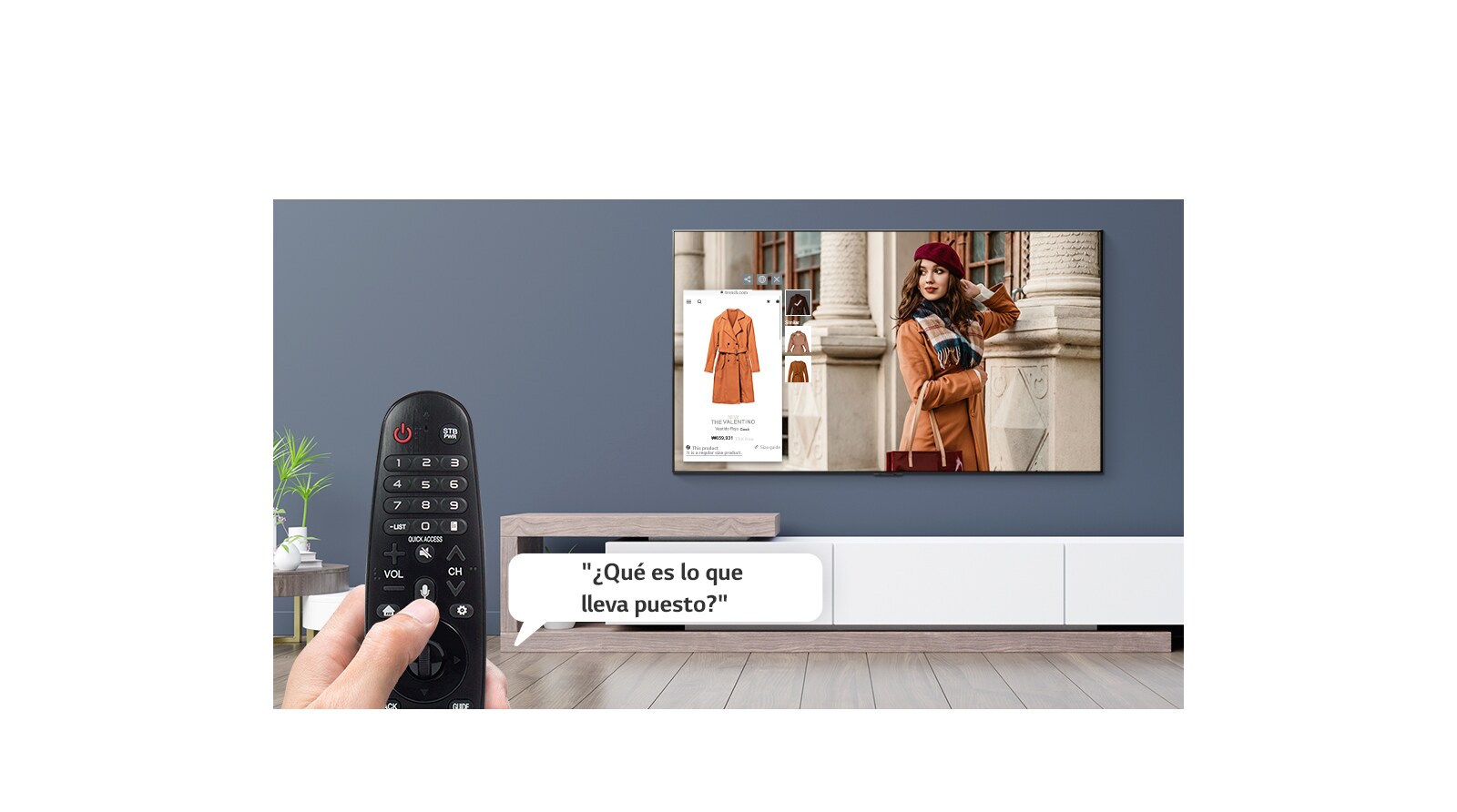 Primer plano de una mano controlando la televisión con un control remoto para preguntar qué lleva puesto una mujer en la televisión.