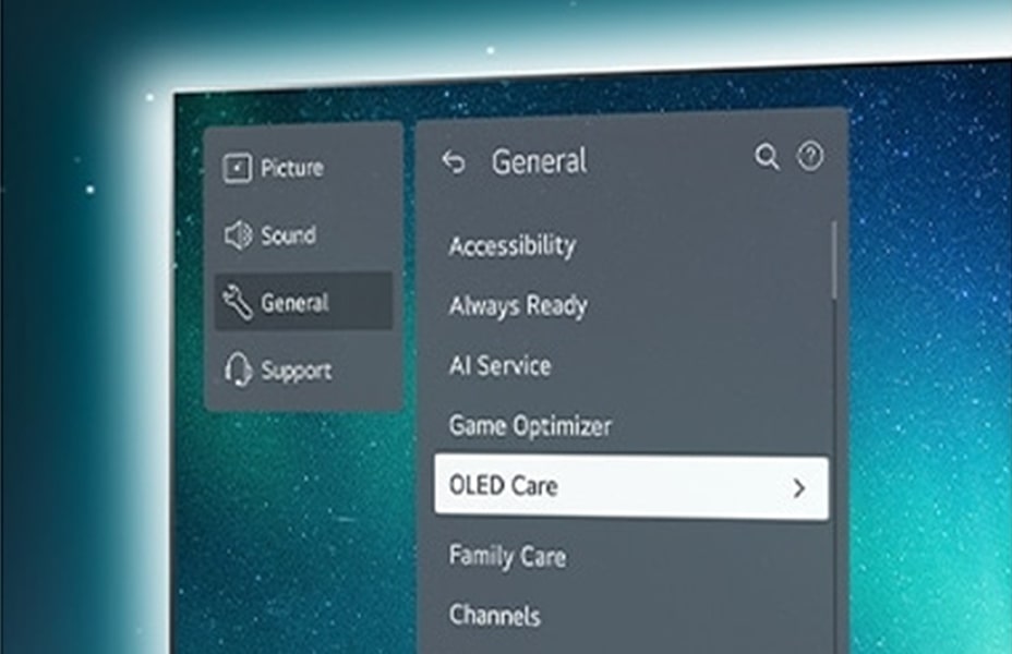 The LG OLED Care+logo against a black backdrop.