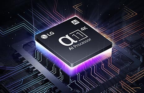 An alpha 11 AI Processor 4K on top of a motherboard, emitting purple and pink bolts of light.