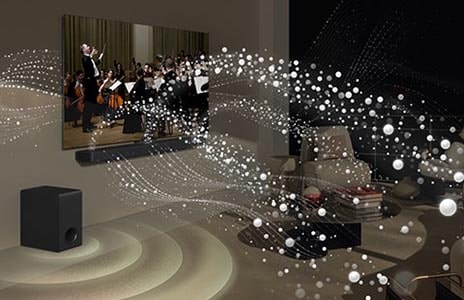 LG TV and LG Soundbar in a living room playing an orchestra performance. White waves of droplets representing soundwaves shoot upwards and forward from the soundbar and project from the TV, as subwoofer is creating a sound effect from the bottom.