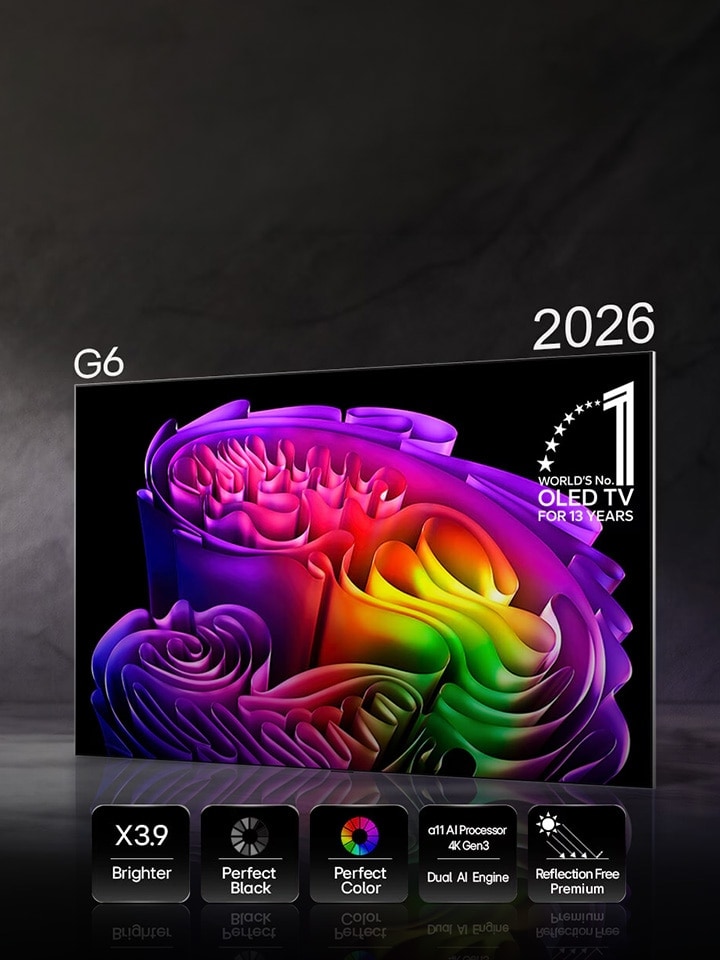 LG G6 OLED TV displaying a vibrant multicolor abstract design, with feature highlights including brighter display, perfect black, perfect color, AI processor, and reflection-free screen..