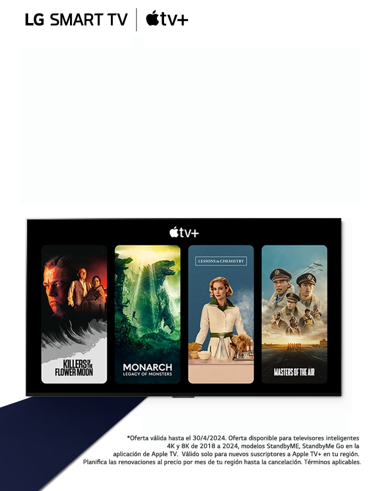 Una imagen del televisor OLED de LG. Los contenidos de Apple TV+ aparecen en pantalla y el titular es 'Consigue tres meses de Apple TV+ gratis con los Smart TV de LG'.