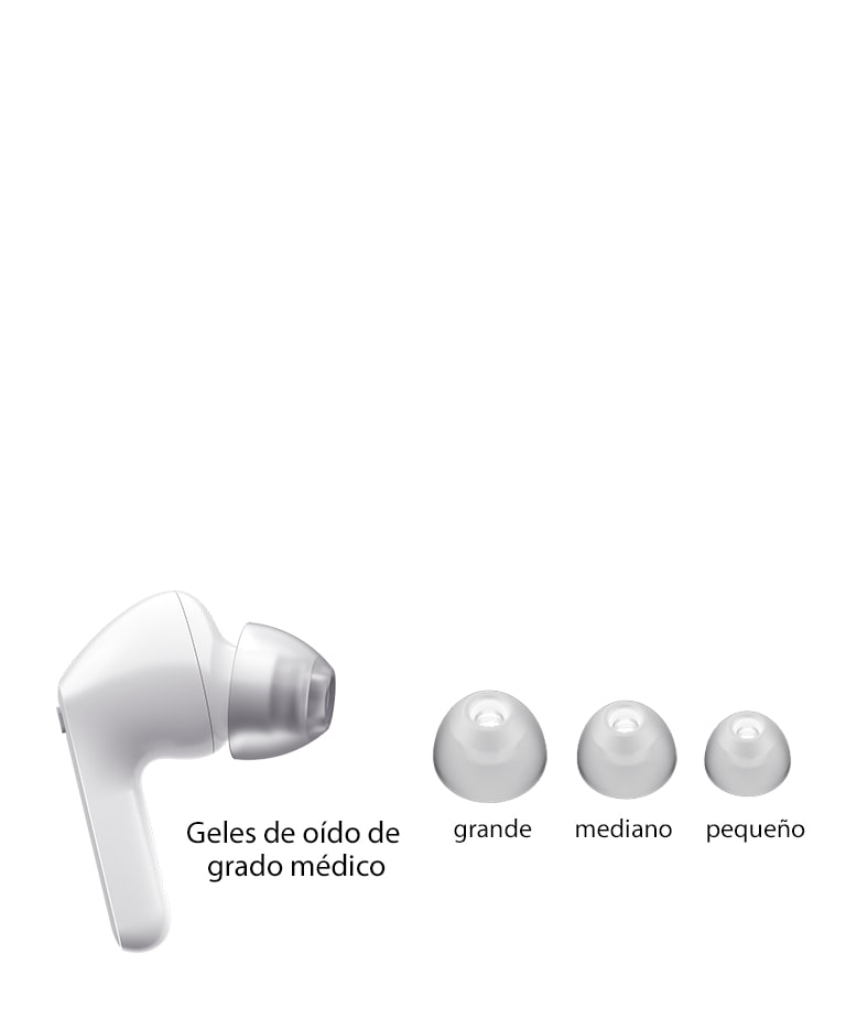 Auriculares blancos y un juego de eargels de 3 tamaños: grande, mediano y pequeño.