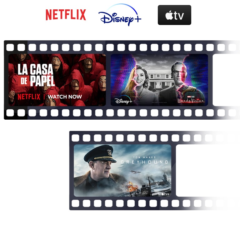 Los logos de Netflix, Disney+ y Apple TV están alineados horizontalmente. Debajo de los logos, pósters de La Casa de Papel de Netflix, WandaVision de Disney+, y Greyhound de Apple TV también están en línea horizontal.