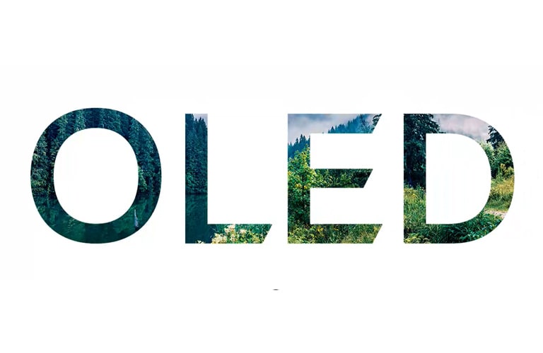 La palabra "OLED" rellenada con una imagen de la naturaleza que se desliza desde la derecha (reproducir el vídeo)