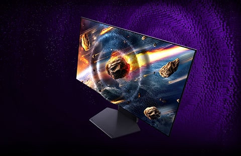 Monitor Ultra Gear jest pochylony pod kątem, a na ekranie wyświetlany jest obraz spadającego Marsa, z długością fali pikseli pokazaną w tle.