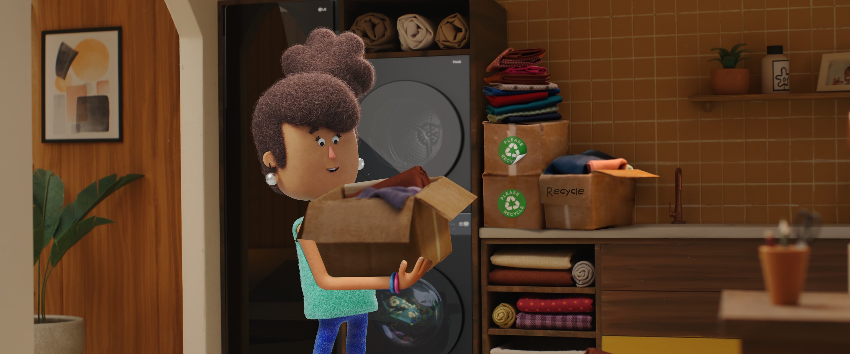 A girl holding a box of clothes