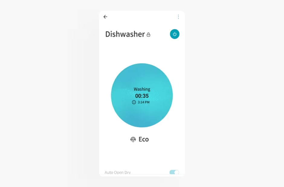 Image shows the dishwasher screen in the LG ThinQ app