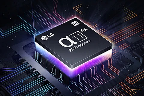 An alpha 11 AI Processor 4K on top of a motherboard, emitting purple and pink bolts of light.
