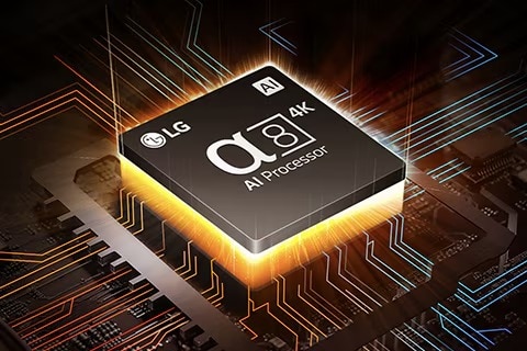 An alpha 8 AI Processor on top of a motherboard, emitting orange and yellow bolts of light.