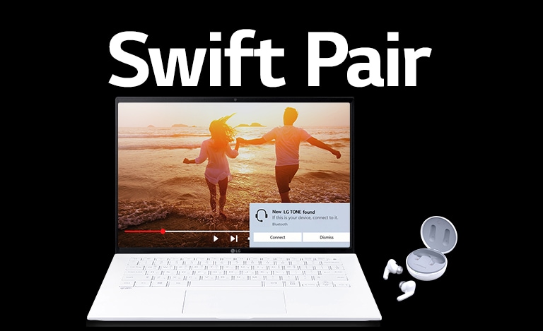 An image of a laptop and TONE Free placed under the phrase 'Swift pair', and pairing alert turned on on the open laptop screen.
