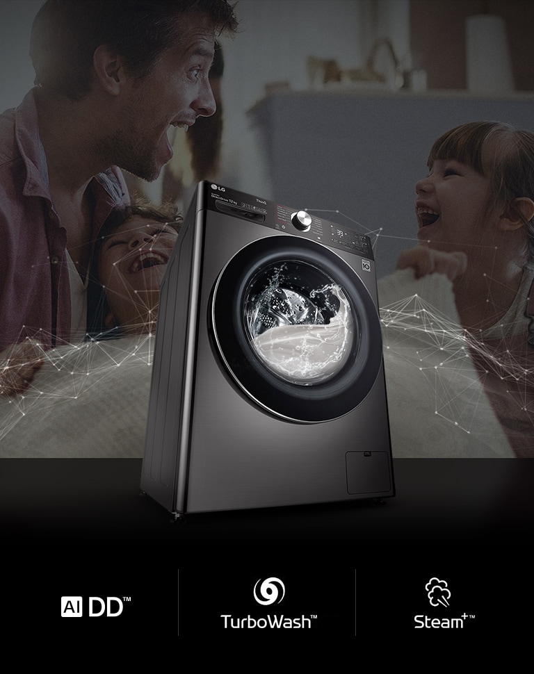 The washing machine is working against the background of the father and daughter laughing.