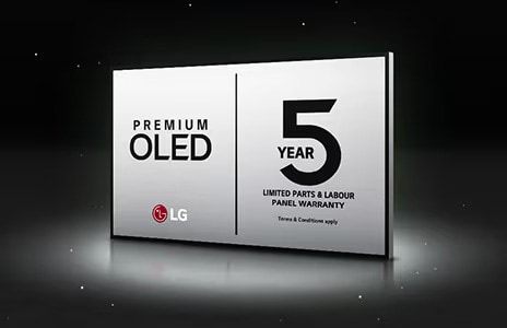 The LG OLED Care+ and 5 Year Panel Warranty logo against a black backdrop.