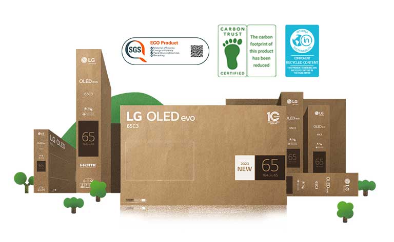 บรรจุภัณฑ์กระดาษแข็งของ LG OLED ที่เป็นมิตรกับสิ่งแวดล้อมแสดงให้เห็นรอบๆ ต้นไม้และภูเขาที่เจริญรุ่งเรือง
