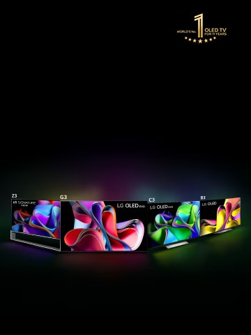 ภาพ LG OLED ตั้งเรียงบนฉากหลังสีดำในรูปแบบสามเหลี่ยมทำมุมกับ LG OLED G3 ที่หันด้านหน้าออกมาอยู่ตรงกลาง ทีวีแต่ละเครื่องแสดงผลงานศิลปะนามธรรมที่มีสีสันสดใสบนหน้าจอ และมีสัญลักษณ์ทีวี OLED อันดับ 1 ของโลก 10 ปีซ้อนในภาพนี้ด้วย	