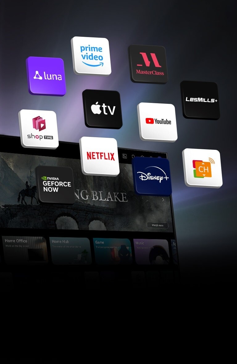 หน้าจอ LG TV webOS อยู่ในส่วนพื้นหลัง และมี 11 บล็อกลอยอยู่ แต่ละบล็อกมีภาพโลโก้ของ Luna, Prime Video, Master Class, Les Mills, YouTube, Apple TV plus, Shoptime, Netflix, Disney plus, GeForce NOW และ LG Channels