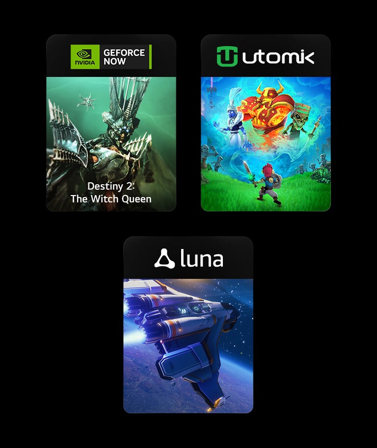 มีบล็อกรูปภาพสามบล็อก แต่ละบล็อกมีโลโก้และรูปภาพเกมของ GeForce NOW, Utomik และ Luna