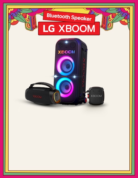 There is a black and red gradient background. On the left side, the text "GOTTA GET THAT" is displayed boldly. The XG2T is positioned around the text. At the bottom, the XG8T stands on the floor with yellow lighting illuminating it. On the right side, the XL9T is placed on the surface, with two multi-colored ring lightings  on. Sound graphics emanate from the XL9T and spread throughout the background. On the XL9T's LED panel, "XBOOM" is displayed.