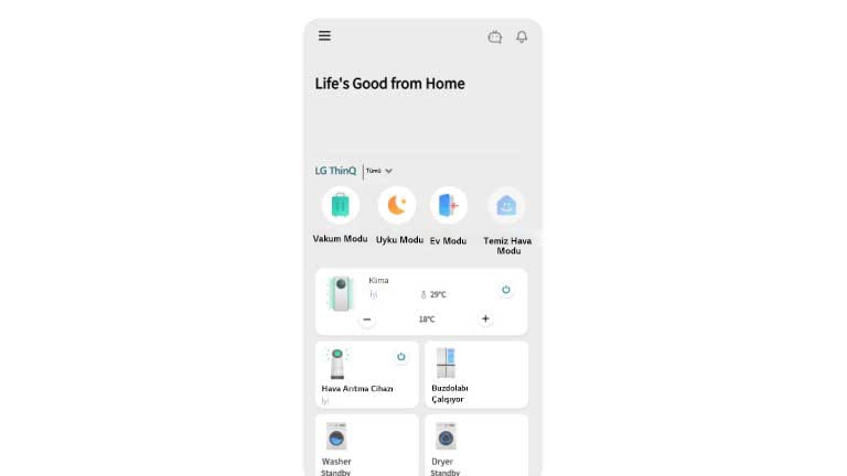 LG ThinQ uygulama ekranının görüntüsü