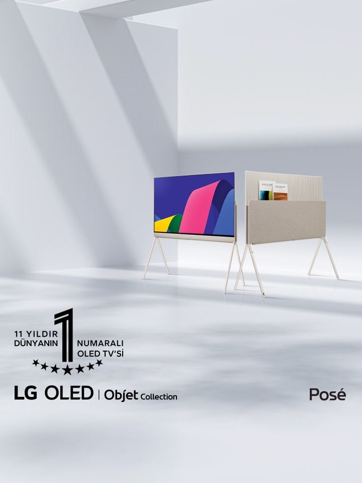 Two LG Posé TVs next to each other at a 45-degree angle, one seen from the front with colorful abstract artwork on-screen and one seen from the back showing off its versatile back. The &quot;11 Years World's No.1 OLED TV&quot; emblem is also in the image. 