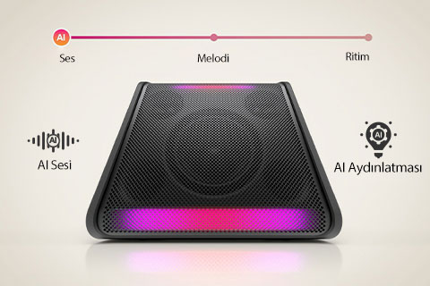 xboom Stage 301 yerleştirilmiş. Üstünde, AI’nin sesi analiz ettiğini gösteren 3 tür çapından oluşan bir çubuk bulunuyor