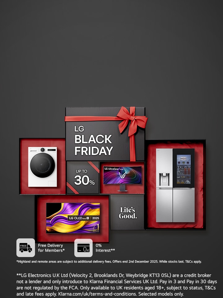 LG products and boxes stacked on top of each-other with Black Friday written on front of box