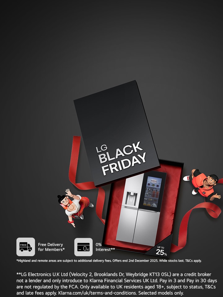 LG products and boxes stacked on top of each-other with Black Friday written on front of box
