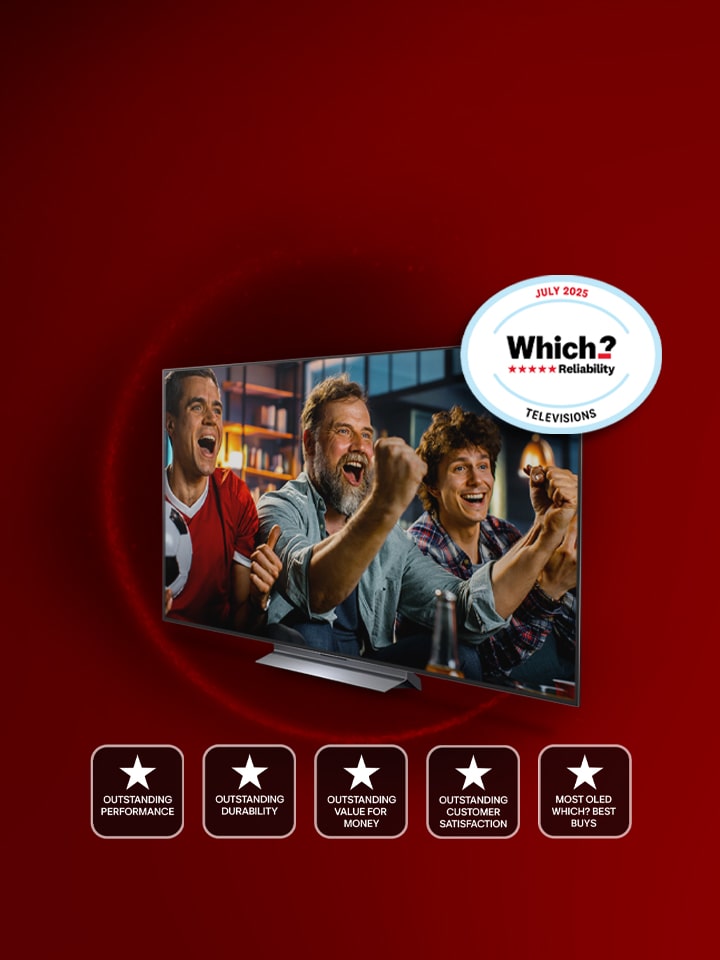 LG OLED TV with Which? reliability award on the right top corner of the screen w