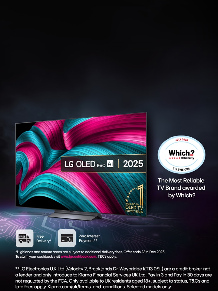 Large LG OLED TV on black background with Which? award logo to the right and a copy regarding an up to £500 cashback offer