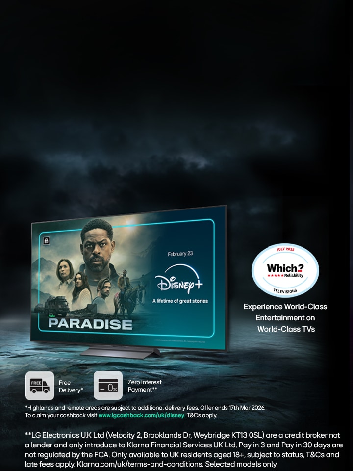lg oled tv on a dark, moody background with a disney screenfill and which? award on the right of the tv including a cashback message to save up to £500 when buying selecting lg tvs