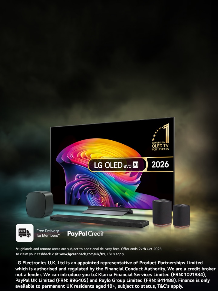 lg oled tv on a dark, moody background with a white promotional copy to the left promoting up to cashback offer on lg tvs and sound suite