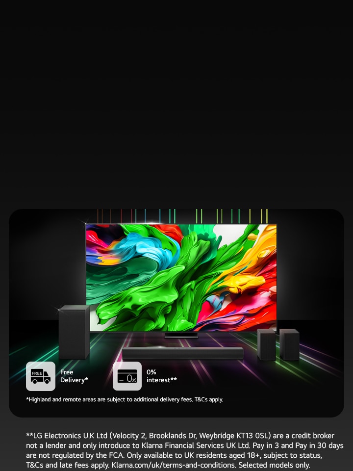 LG 100QNED86A6 TV displaying a bright, colourful screen, with the LG US40TR soundbar positioned in front and to the side, set against a black background with green and pink LED lighting