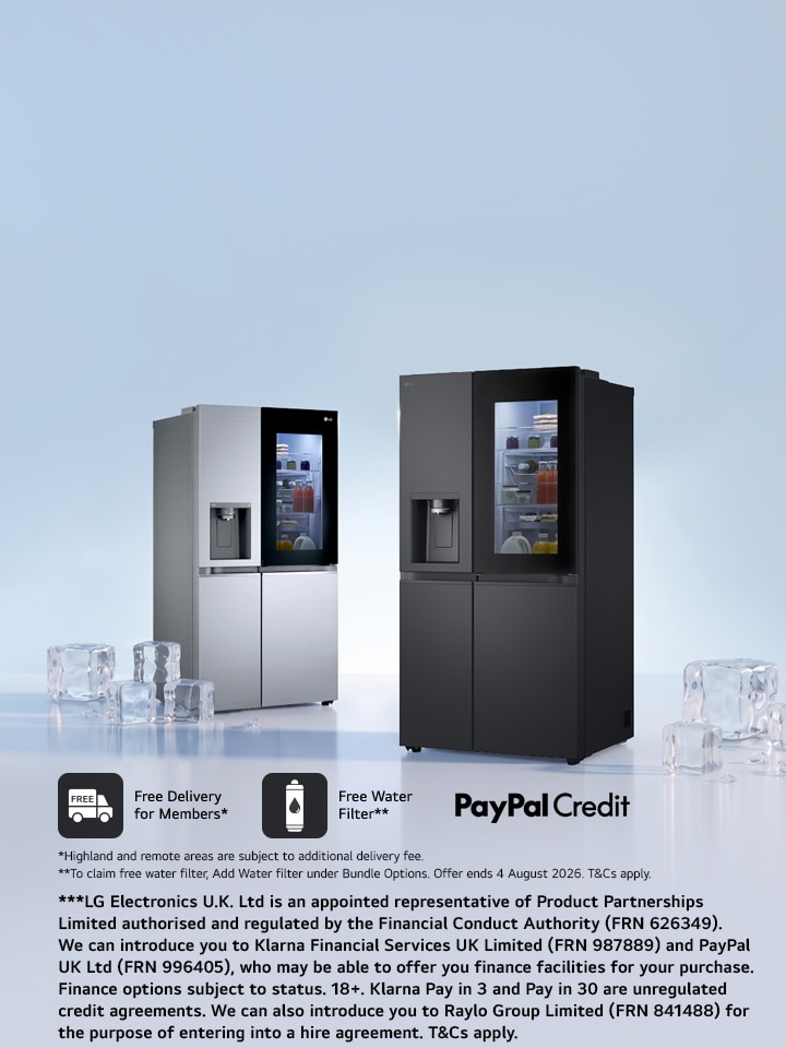 LG fridge freezer promotion featuring two InstaView refrigerators with free delivery, complimentary water filter and PayPal Credit financing options, displayed with ice cubes on a cool blue background