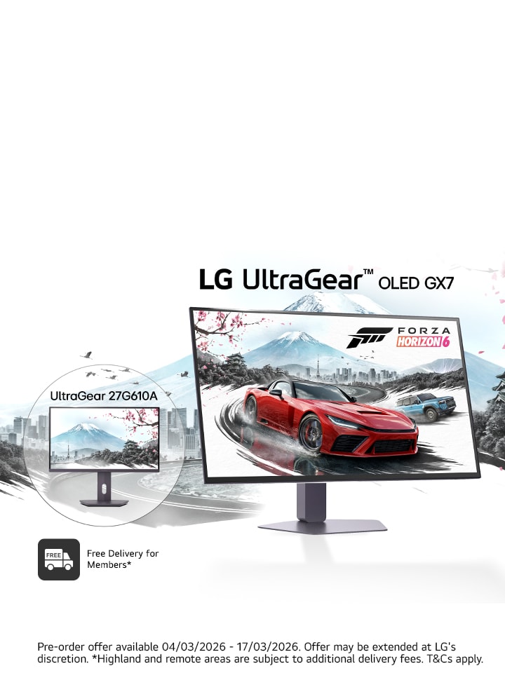 lg UltraGear GX7 4th gen oled monitor and lg Ultragear 27g610a-b IPS display monitor bundle pre-order, featuring Forza Horizon 6 game theme set in Japan with Sakura, snow and Mt Fuji