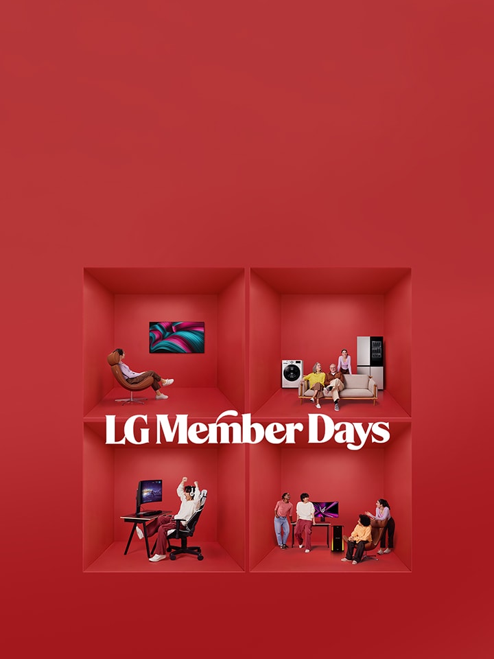 on a lg red background there are 4 block with people using lg products and a LG member days message to the left