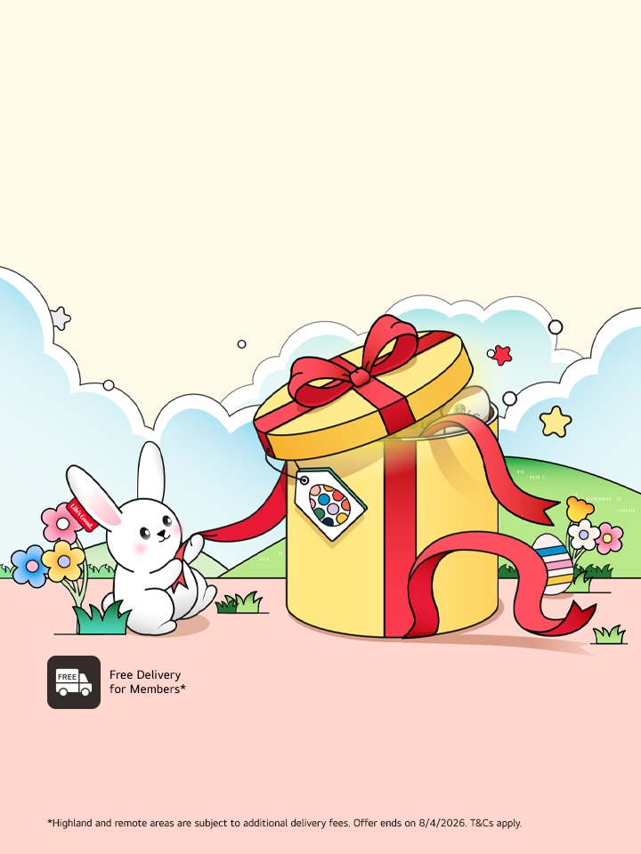 An Easter bunny runs in front of a living space filled with LG products