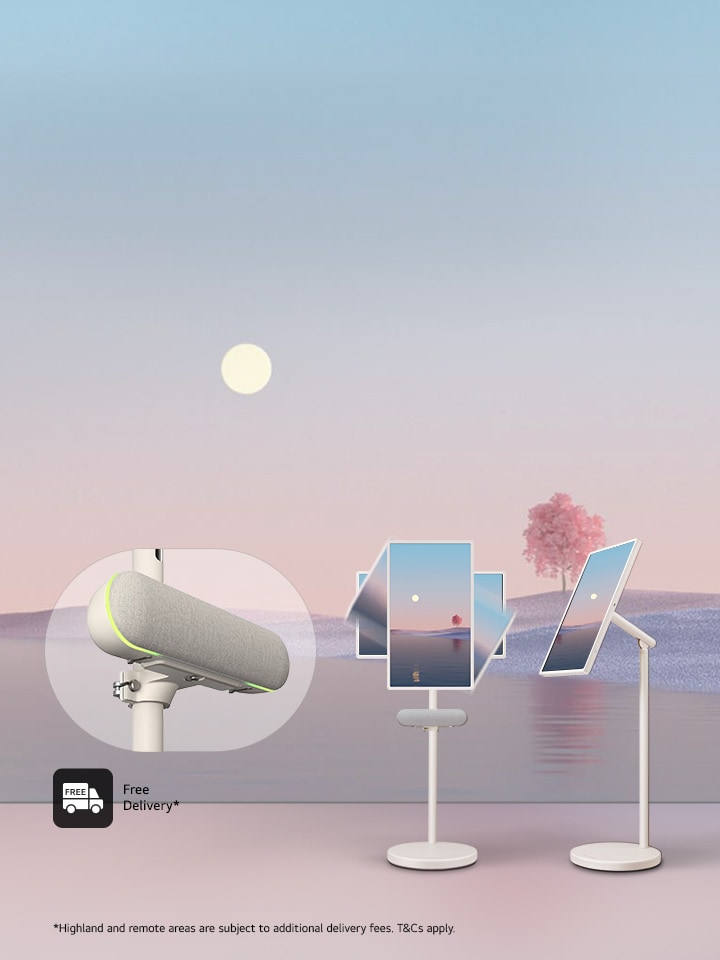 lg stanbyme 2 screen and a speaker on the light, sunset background with promo message to save £200