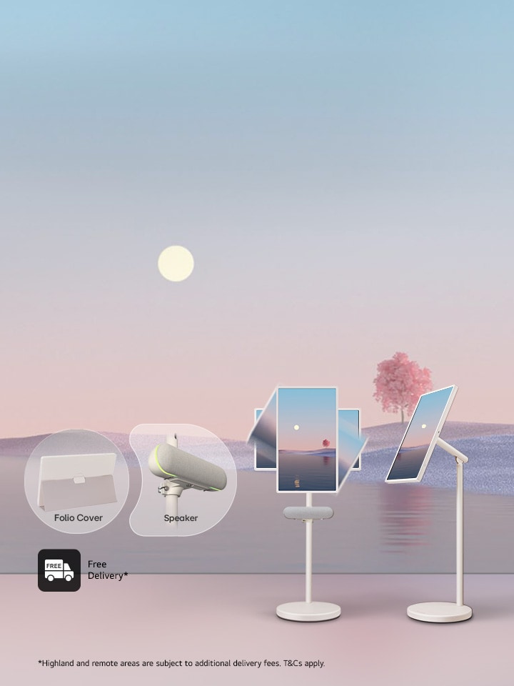 lg stanbyme 2 screen with a speaker and a folio cover on the light, sunset, desert and colorful clam background with promo message to save £200 when purchase this bundle