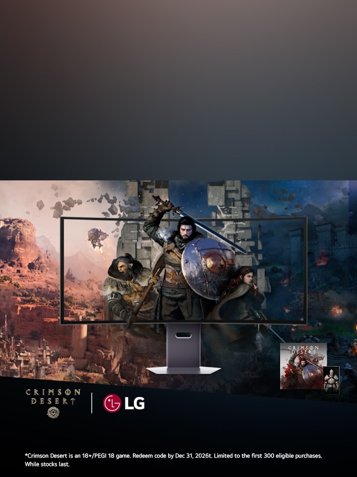 LG UltraGear gaming monitor displaying Crimson Desert gameplay, featuring an in-game character with sword and shield against an epic fantasy battle scene.