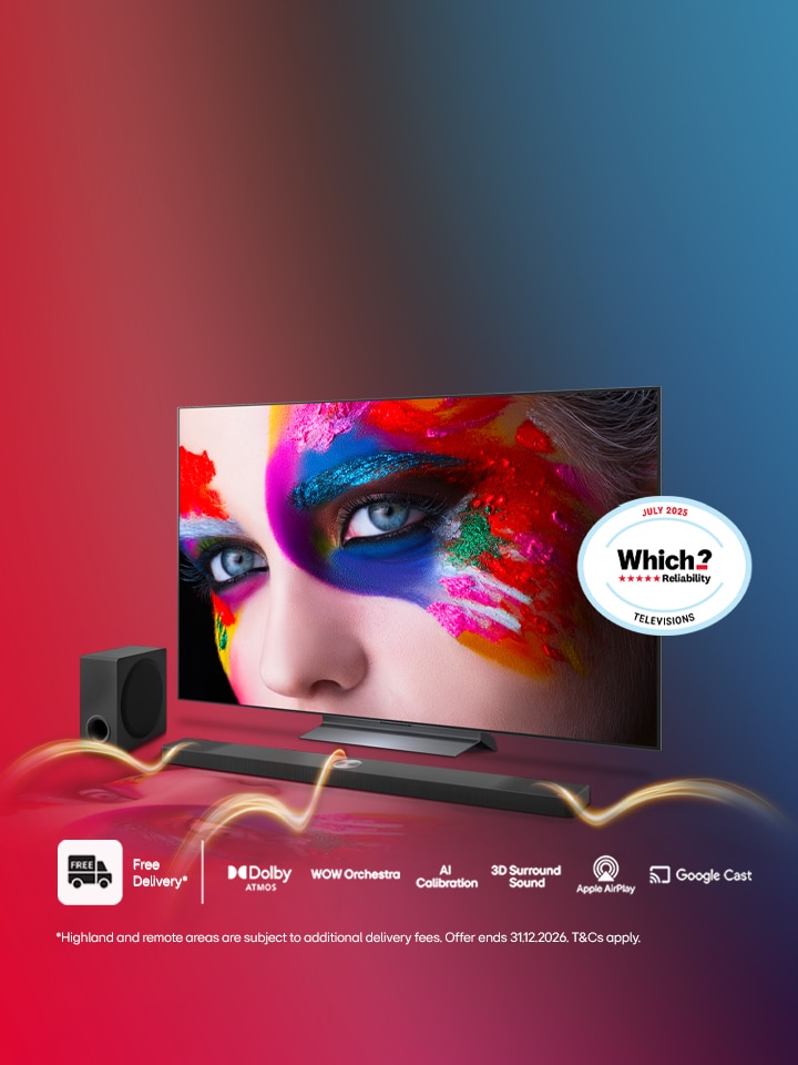 lg oled tv with a female face as a screen fill with vibrant face pain and a soundbar and subwoofer underneath, which? award to the right and promo message