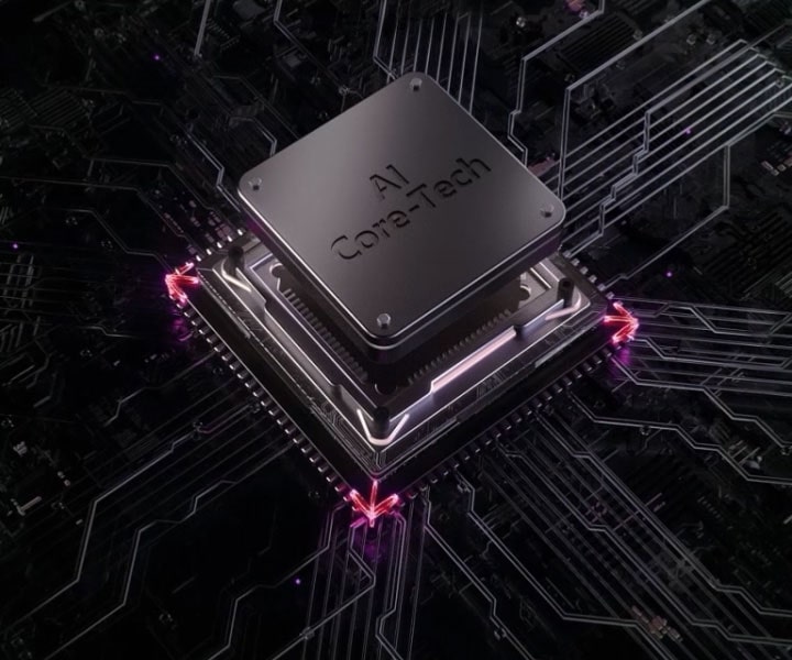 Close-up of AI Core-Tech processor chip mounted on a dark circuit board with glowing lines and connections