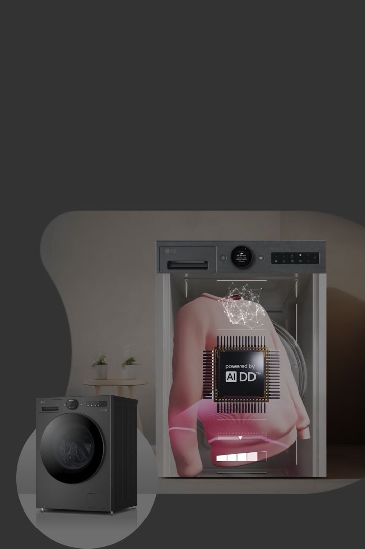 Two LG washing machines; left is dark front-load, right shows pink jacket with AI DD chip and 6 Motion icons overlaid