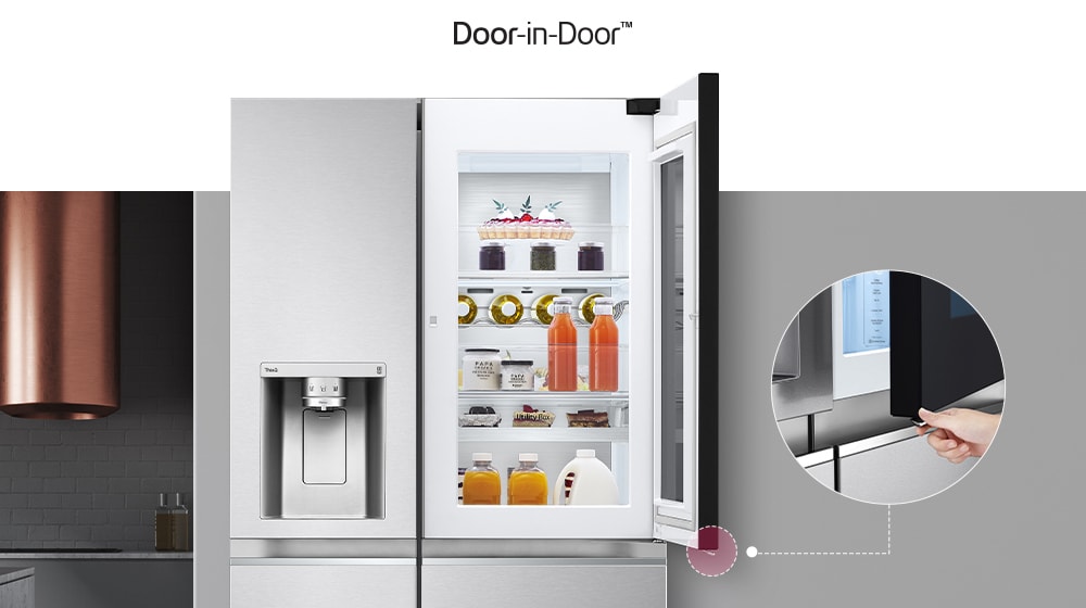 LG fridge with Door-in-Door feature open, showing organised drinks and food items, with a hand opening the right door.